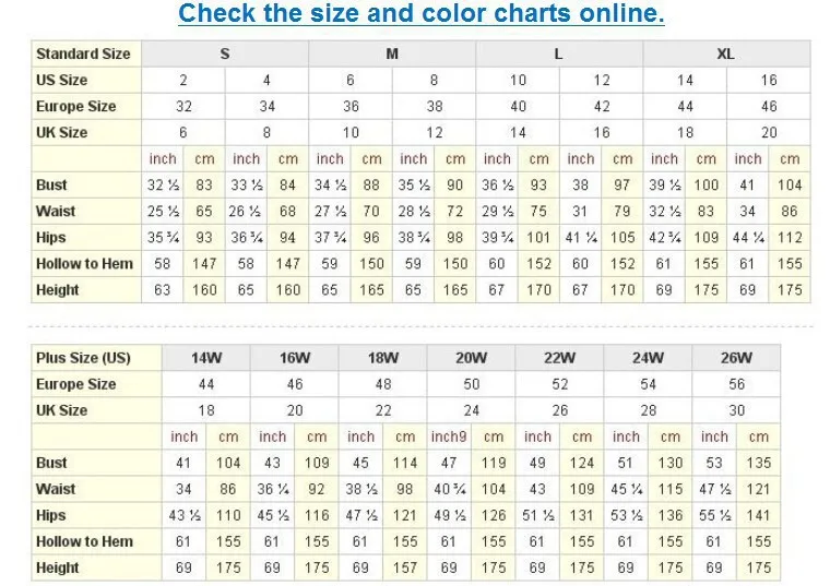 formal dress size chart