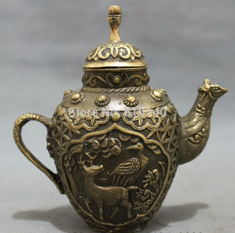 

Chinese Bronze Copper Longevity Deer Pine Tree Fly Crane Statue Wine Pot Teapot