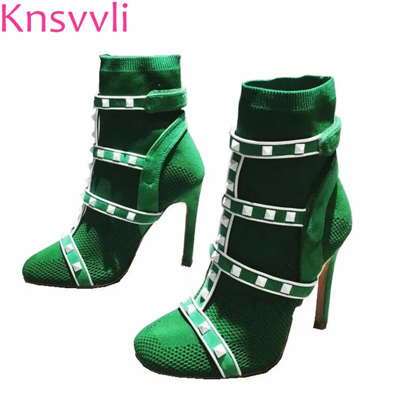 

Spring Stretch Knit Sock Boots Woman Round Toe Rivet Patchwork Ankle Strap High Heel Boots Women Sexy Ankle Boot