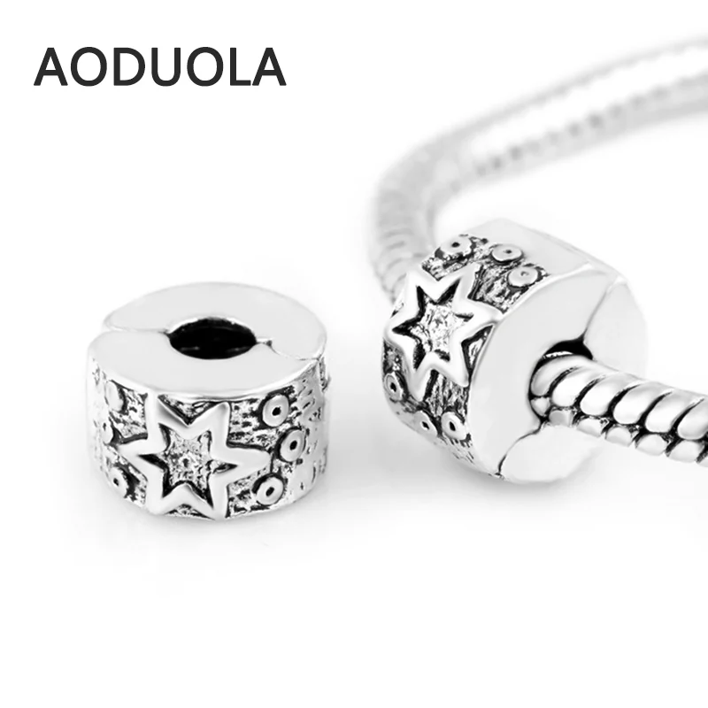 

10 Pcs a Lot Silver Copper Stopper Beads Star Clip Lock European Bead Round DIY Charm Beads Fit For Pandora Charms Bracelet