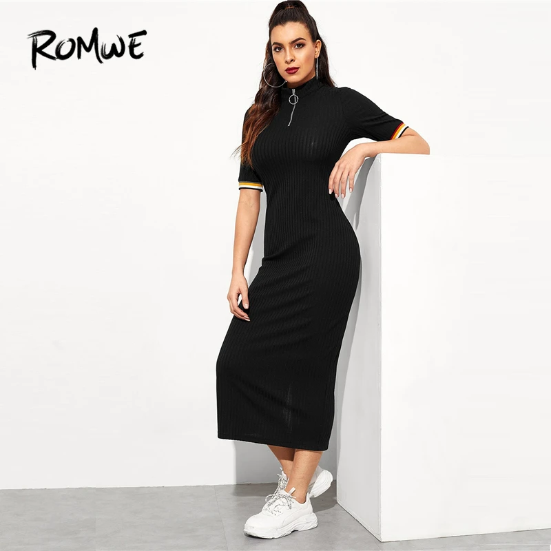 

ROMWE Zip Front Striped Cuff Rib-Knit Dress 2019 Posh Black Short Sleeve A Line Long Dress Swish Women Stand Collar Dress