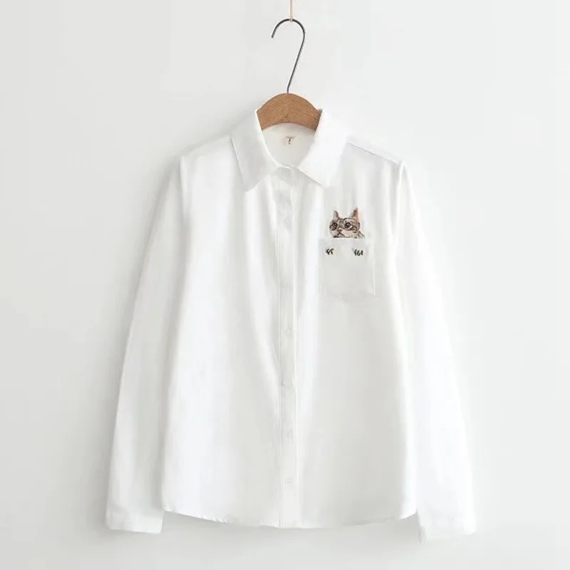 

Women School Shirt White Blue Tops Ladies Blouses Long Sleeve Shirt Female Office Top Pocket With Cat Embroidery