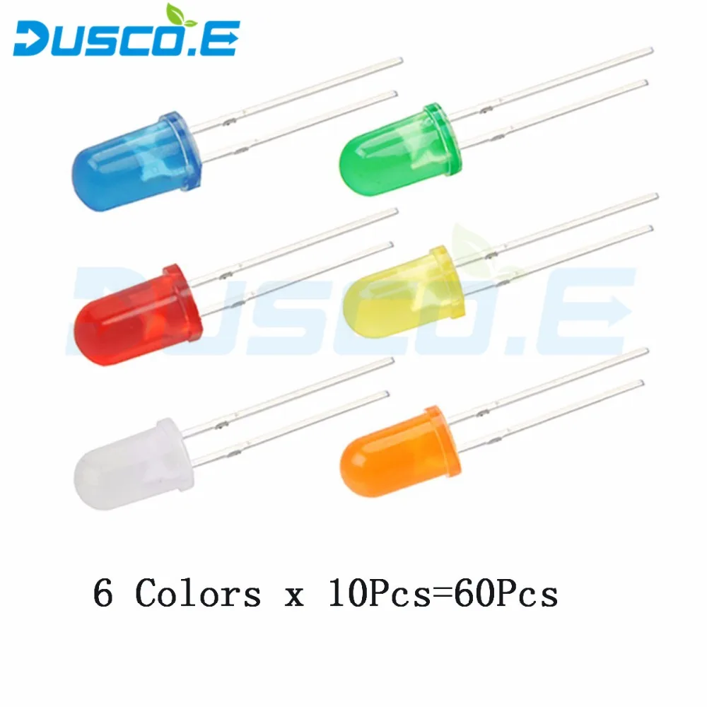 

Hot New 60Pcs (6 Colors x 10Pcs) Diffused LED 5mm Light Emitting Diode Lamp Assorted Kit Set White Red Green Blue Yellow Orange