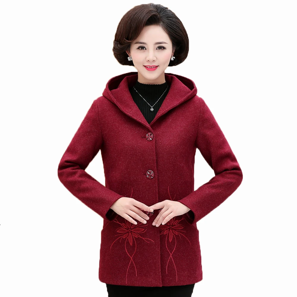 Women Winter Wool Blend Hooded Coats Female Flower Embroidery Tweed Overcoat Woman Elegant Thicken Quilted Hood Tweed Outerwear