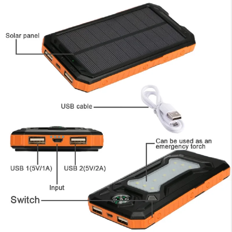 Универсальный ультра тонкий 12000 мАч Солнечный портативный внешний аккумулятор с светодиодный светильник внешний аккумулятор для зарядки телефона с компасом