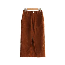 Женская Вельветовая юбка миди faldas mujer с карманами на молнии, женские повседневные шикарные юбки до середины икры,, Прямая поставка