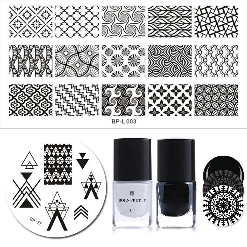 

BORN PRETTY 4Pcs Stamping Polish Plate Set 6ml Black White Polish French Cloud Net Template for Nail Decoration