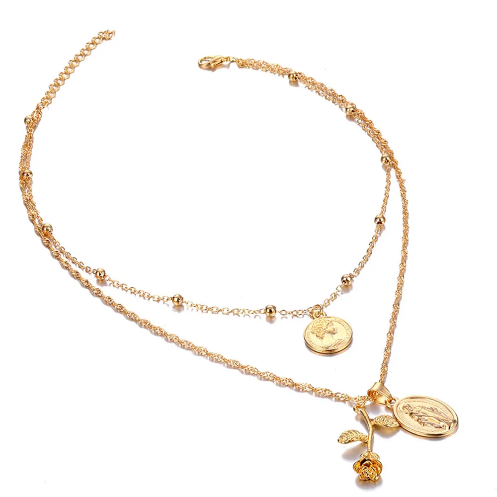 IPARAM, Золотая двойная монета с розой, ожерелье с кулоном Девы Марии,, богемное, винтажное, многослойное женское ожерелье,, воротник, ювелирное изделие