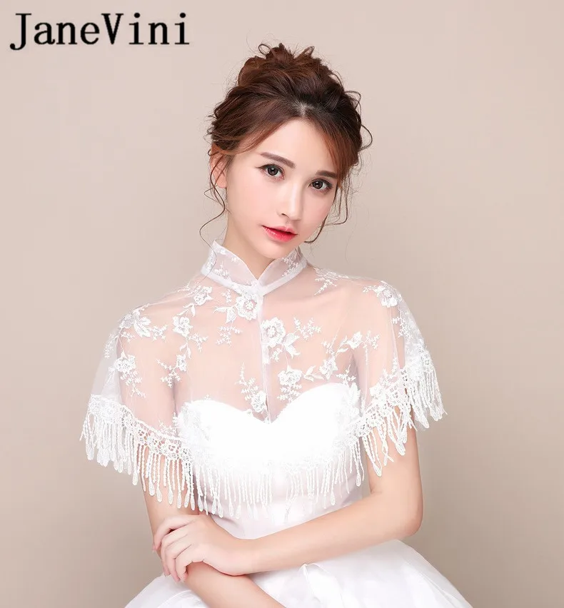 JaneVini 2018 New Arrival High Neck Jackets For Wedding Bolero White Lace Tassel Bridal Wraps Cape lebanon Womens Summer Shrug