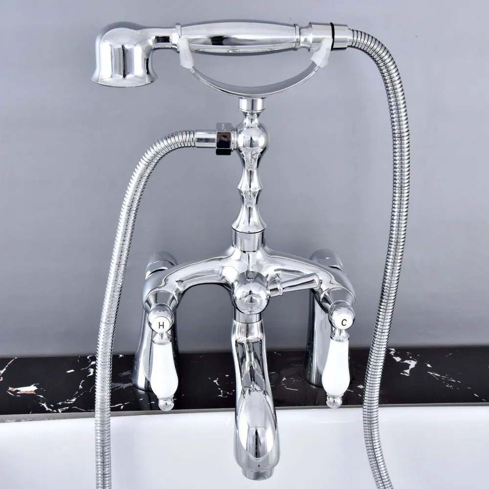 

Polished Chrome Deck Mounted Bathroom Tub Faucet Dual Handles Telephone Style Hand Shower Clawfoot Tub Filler atf760