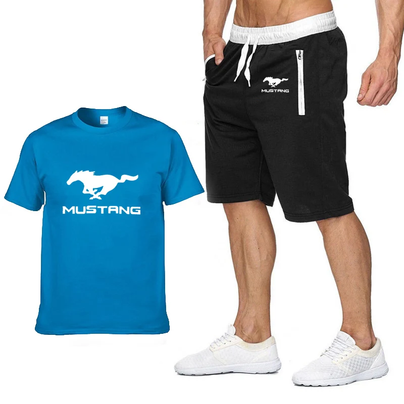 Мужская футболка с коротким рукавом и логотипом Mustang, летняя мужская футболка в стиле Харадзюку, Высококачественная хлопковая футболка, штаны, костюм, спортивная одежда - Цвет: 802
