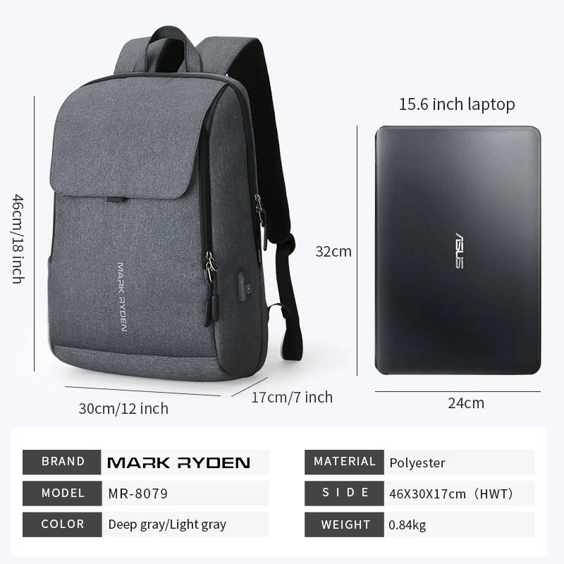 Mark Ryden hombre Mochila de carga USB 15,6 pulgadas Portátil Bolsa de la escuela para niño hombre viaje Mochila impermeable