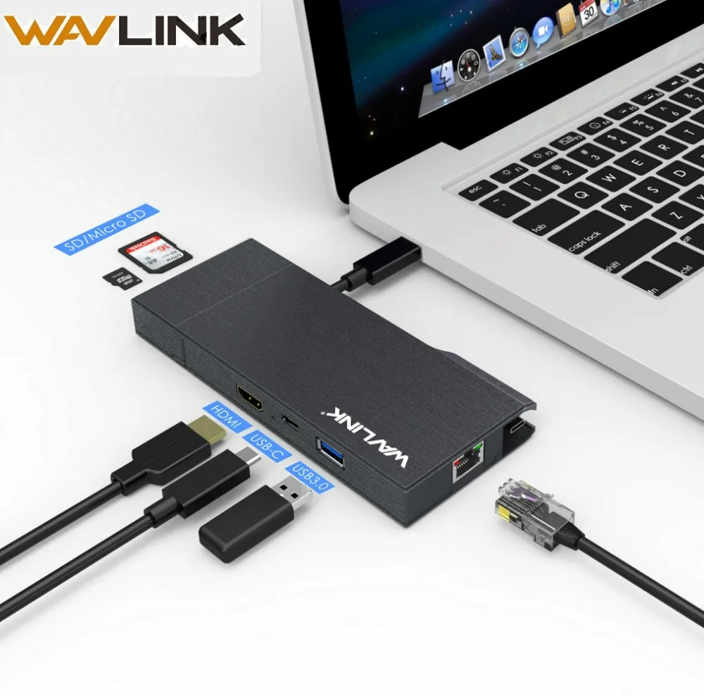 

Wavlink Super speed USB C hub with 4K@30Hz HDMI Card Reader USB 3.0 Hub Gigabit Ethernet 4K HD Output 1080P Mirror expand Screen
