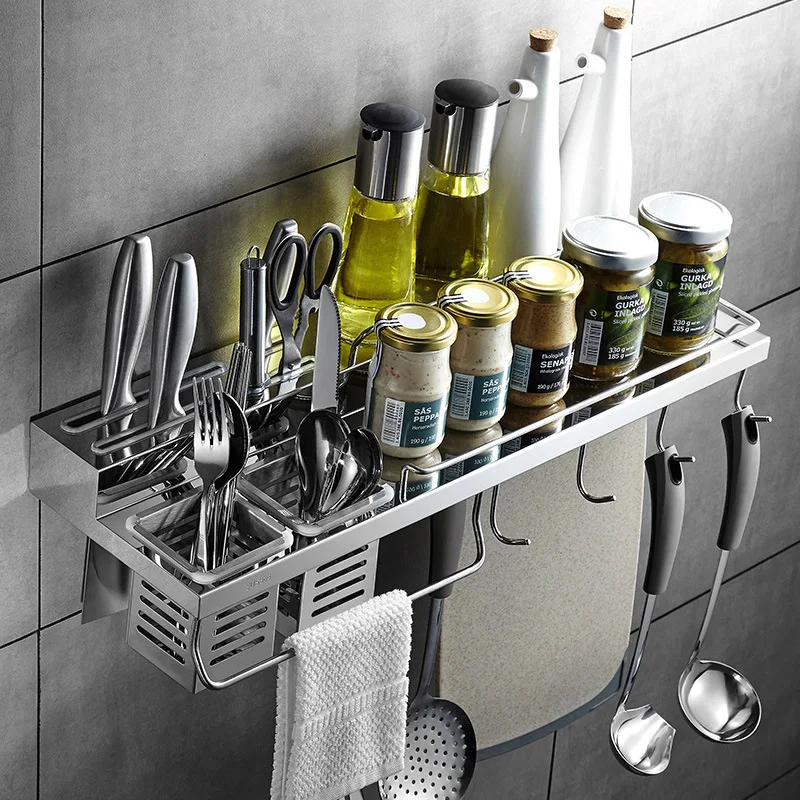  Wall Mounted Kitchen Utensil Rack Stainless Steel Pantry Cookware Dinnerware Kitchenware Shelf Stor - 32904482775