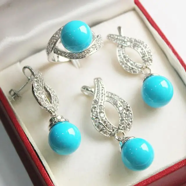 

HOT SELL - Hot! nice new jewelry silver plated + 12mm blue shell pearl pendant, earring, , ring set -Top quality free shipping