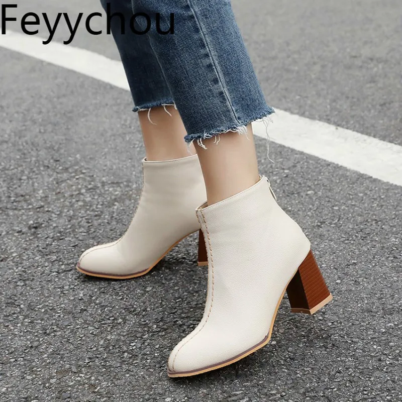 

Women Boots Autumn Winter High Heel Warm Pu Ankle Chelsea Shoes Square Toe Zip 2018 New Sexy Fashion Casual White Black Beige