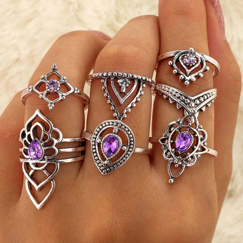 Bague Femme Women Bohemian Vintage Fire Opal Crystal Joint Ring Party Jewelry Silver Rings Set Jewelry FD