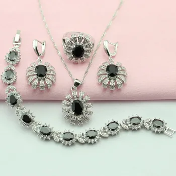 

WPAITKYS Black Cubic Zirconia Silver Color Jewelry Sets For Women Adornment Jewelry Necklace Earrings Bracelet Ring Free Box