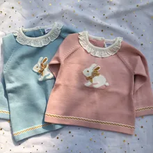 Детские свитера, свитер с милым Кроликом, розовые, синие вязаные топы для маленьких мальчиков и девочек, Изысканная одежда для малышей
