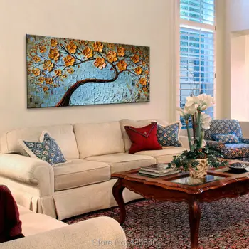 

Canvas painting on the wall painting for entrance way canvas wall art photos palette knife hand painted Yellow flower tree 1