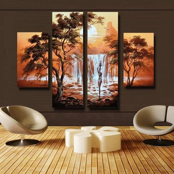 

Hand Painted Africa Landscape Oil Painting On Canvas Beauty Waterfall Modern Art Home Decoration 4pcs/set Free Shipping