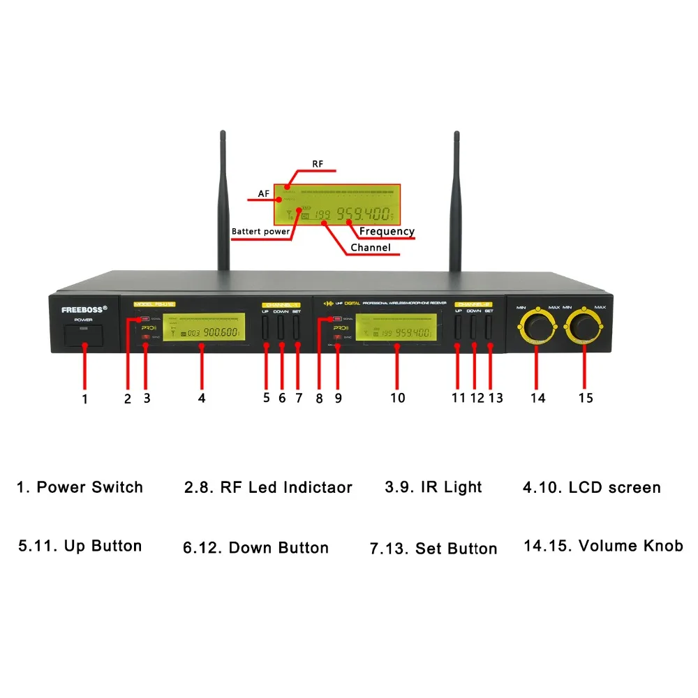 Freeboss FB U12 UHF беспроводной микрофон Система 2 способ 100 каналов ИК Частота Karoke KTV