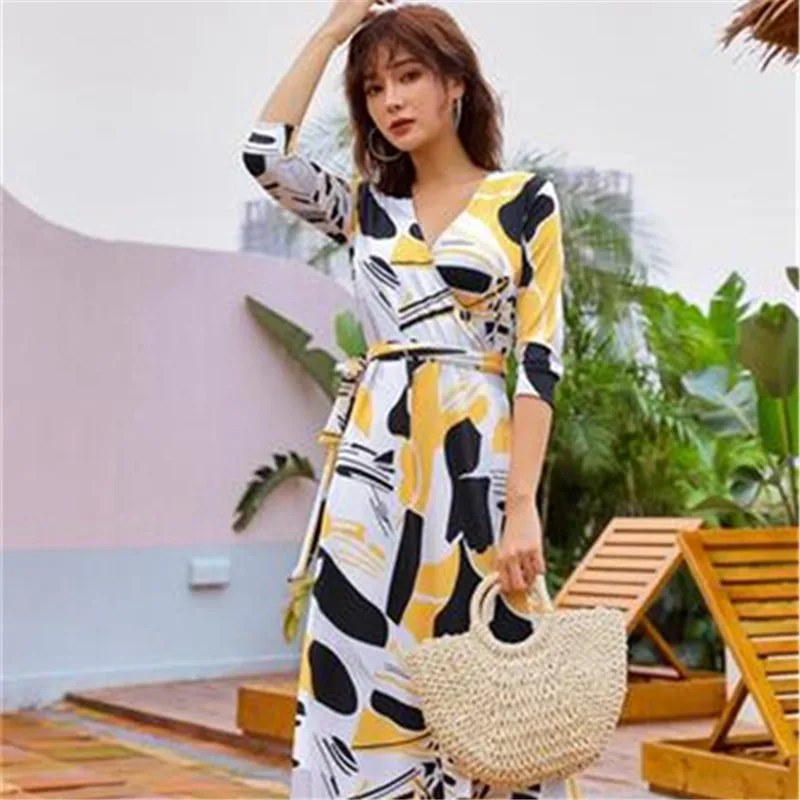 

Elegant Slim Soft V-Neck Beach High Waist Vestido Woman New Dress Fall Fashion Party 2019 Mujer Women Office Casual Dresses