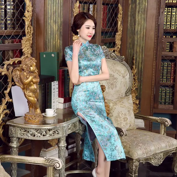 Китайская традиционная Женская парча сатин Cheongsam длинное атласное платье Qipao цветок Размер S M L XL XXL XXXL 020719
