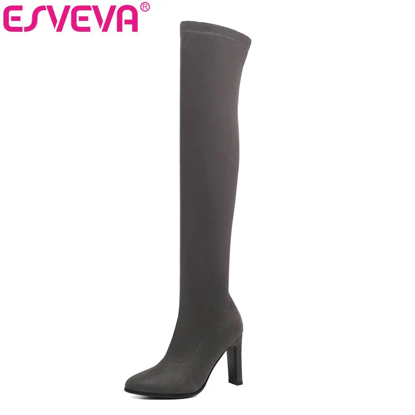 

ESVEVA 2020 Over The Knee Boots Winter Women Boots Square High Heel Flock + Stretch Fabric Motorcycle Boots Platform Size 34-43