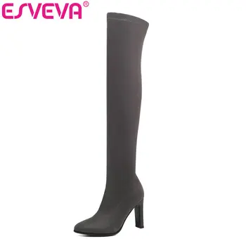 

ESVEVA 2020 Over The Knee Boots Winter Women Boots Square High Heel Flock + Stretch Fabric Motorcycle Boots Platform Size 34-43
