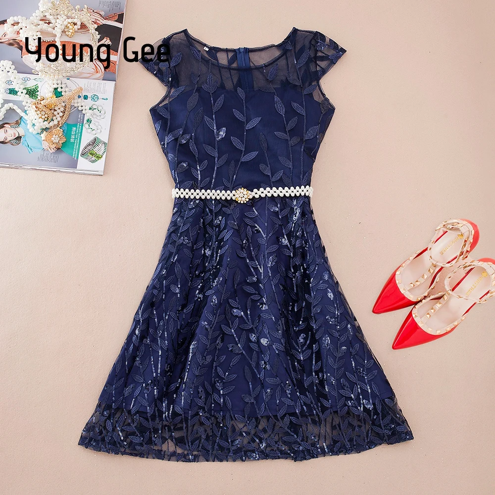 YoungGee Vestidos голубое платье знаменитостей кружевное с блестками и вышивкой
