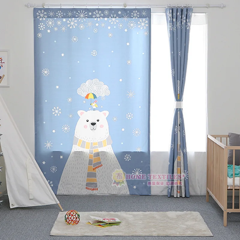 

2016 Korea Ike Style Start-up Cute Cartoon Snow Bear Children Curtains 1piece Green Linen cloth bird Print Quality Curtains