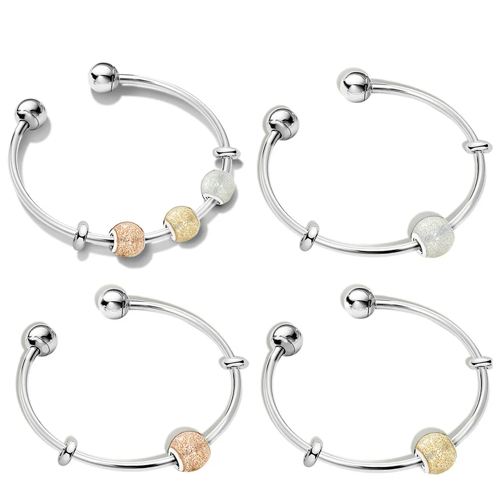 

2019 NEW 100% 925 Sterling Silver 1:1 Rose Gouden Zilveren glitter Charm Bead MOMENTS SILVER OPEN BANGLE WITH LOGO CAPS Gift Set