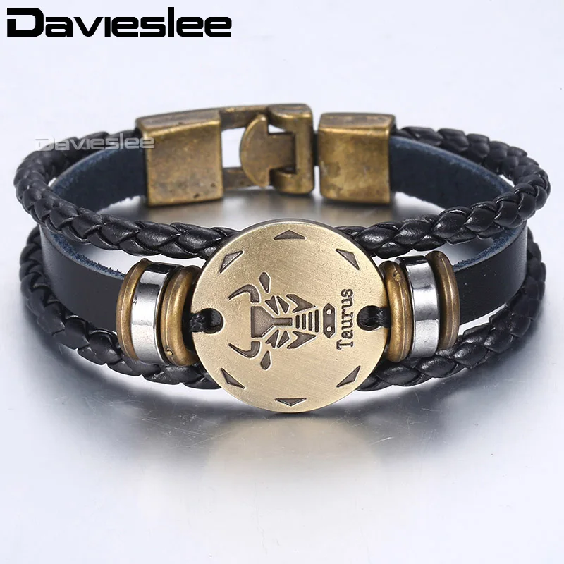Davieslee 12 Кожаный браслет для мужчин, винтажные Ретро Браслеты, мужские ювелирные изделия, подарки, Знак зодиака Leo DLBM136A - Окраска металла: LB727 Taurus