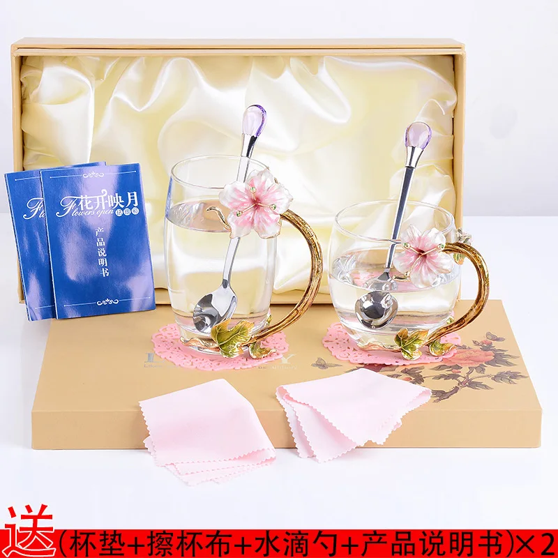 Pink Enamel Color Cup Suit Crystal Flower Gift Packing Tea Set Scented Tea Coffee Red Wine Breakfast Glass Mug 2/kits Handmade - Цвет: Pink