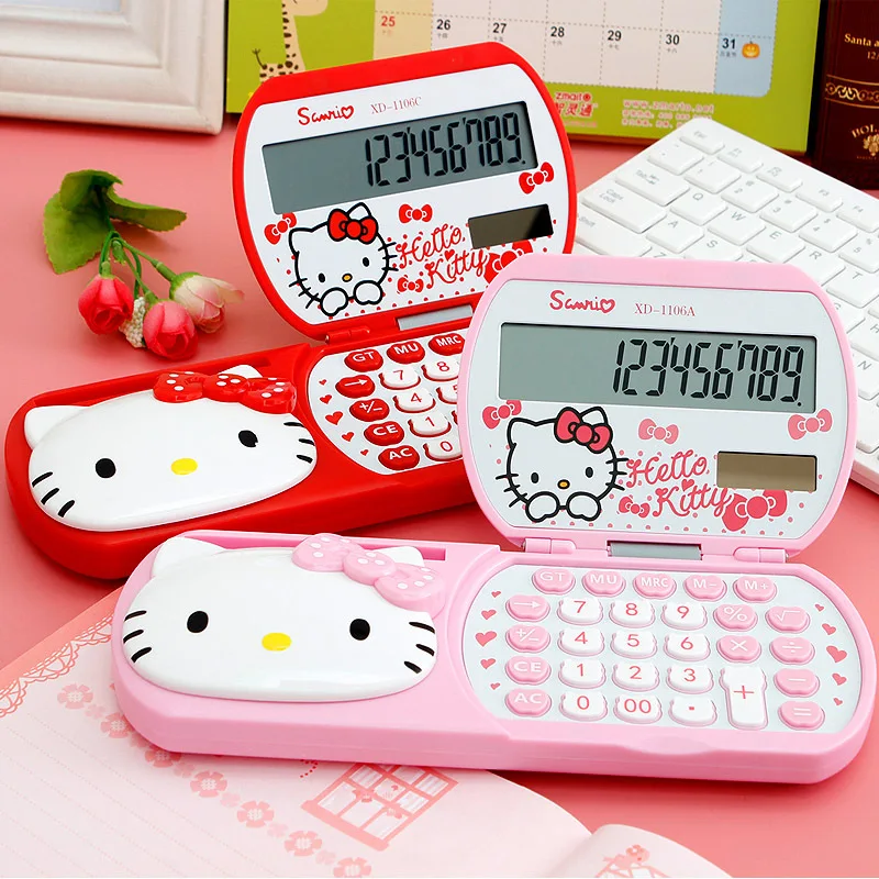 

Cute Cartoon 3D Pink Hello Kitty Desktop Solar Dual Power Calculator 12 Digital Calculator for School Office with Pencil Holder