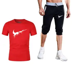 2019 мужские комплекты брендовая одежда тренажерные залы Плотная хлопковая футболка + шорты наборы мужская футболка s тренажерные залы