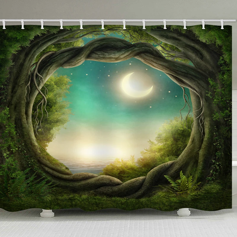 Bath Curtain Green Nature Tree Hole Polyester Colorful Gift 3d Shower