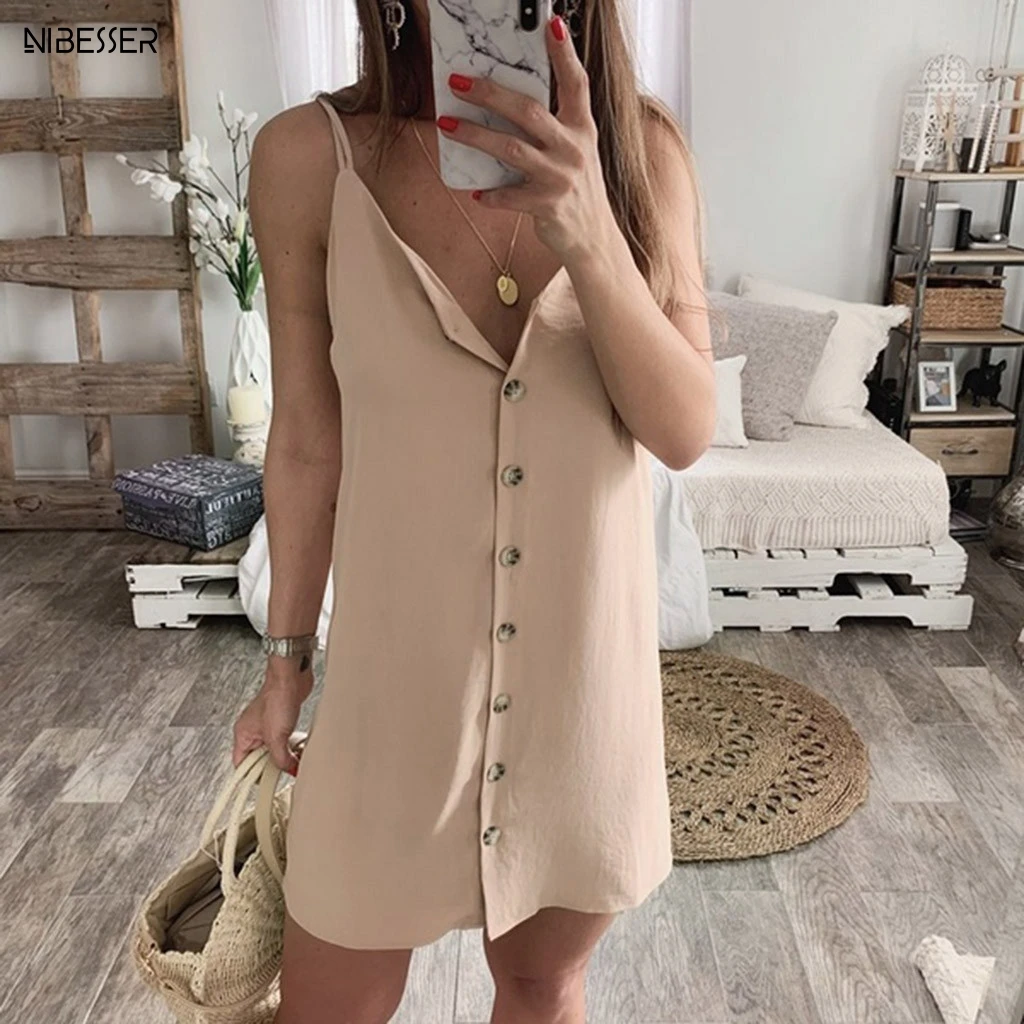 

NIBESSER Womens Sexy Buttons Dress Opening V-Neck Summer Dresses Chiffon Sleeveless Bandage Beach Mini Dress Loose Sleeveless