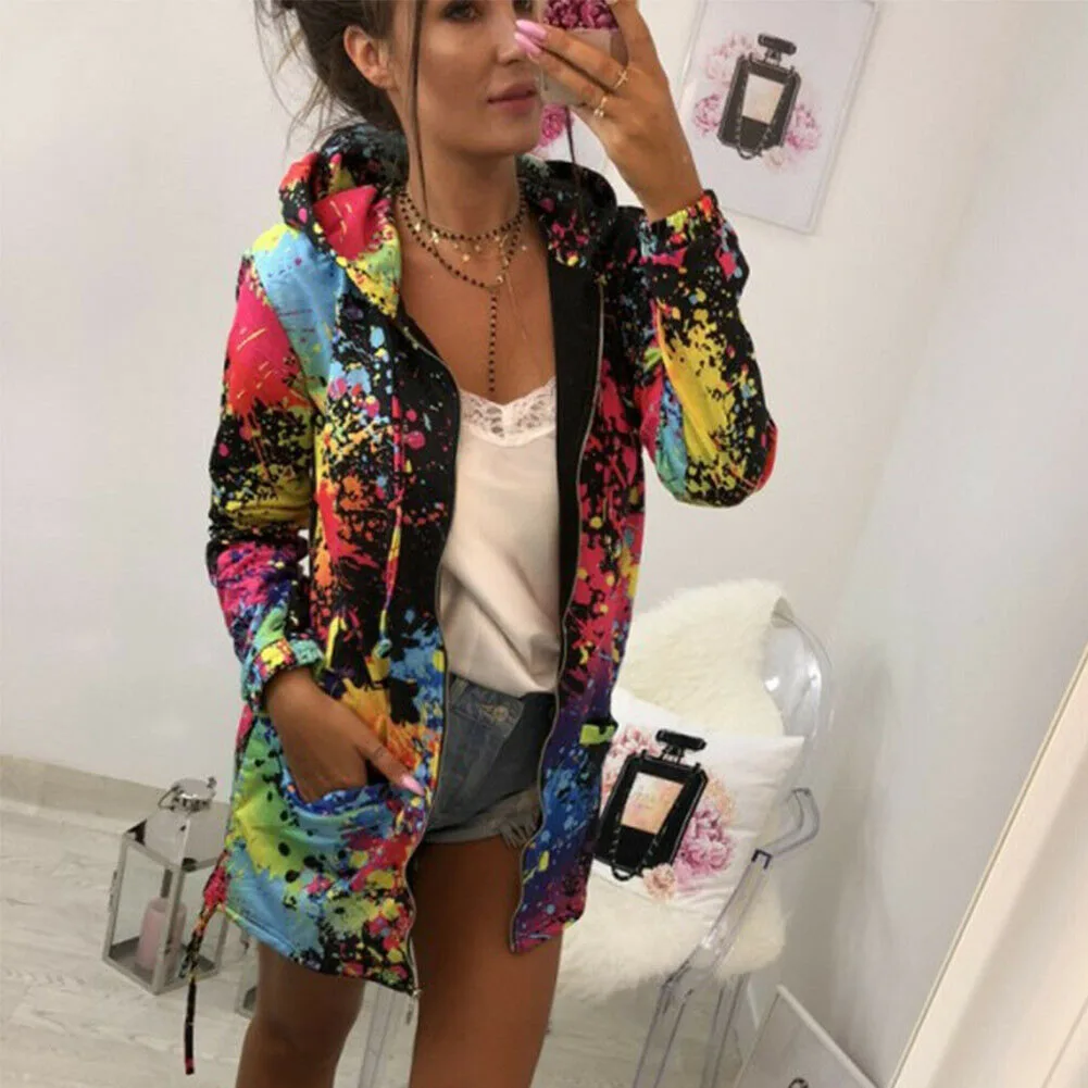 

Women Rainbow Graffiti Style Jacket Coat Printing Long Sleeve Breathable for Autumn JL