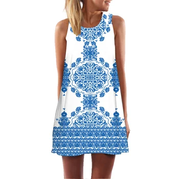 

Women Mini A-Line Dress Blue White Porcelain Summer Short 3d Dress Floral Print Casual Chiffon Dresses Boho Beach Vestidos Black