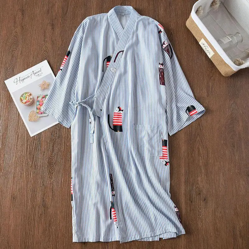Новинка, хлопковый Халат, летняя женская одежда для сна с принтом, кимоно в японском стиле, халат, платье юката, повседневная одежда для сна, M L - Цвет: Blue A
