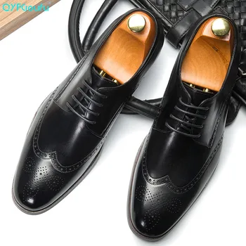 

QYFCIOUFU 2019 Genuine Leather Formal Shoes Men Square Toe Stitching Dress Shoes Stylish Lace-up Wedding Brogue Men Office Shoes
