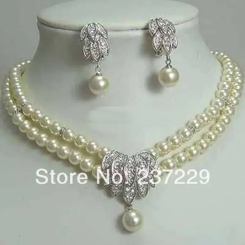 

Wholesale price FREE SHIPPING ^^^^Real White Pearl Bridal 18KWGP Crystal Pendant Necklace Earrings Set