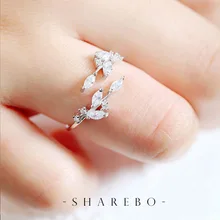 Великолепная 925 пробы Серебряные кольца для Для женщин девочек Кристалл кубический циркон простой листья открытие кольцо модные свадебные украшения