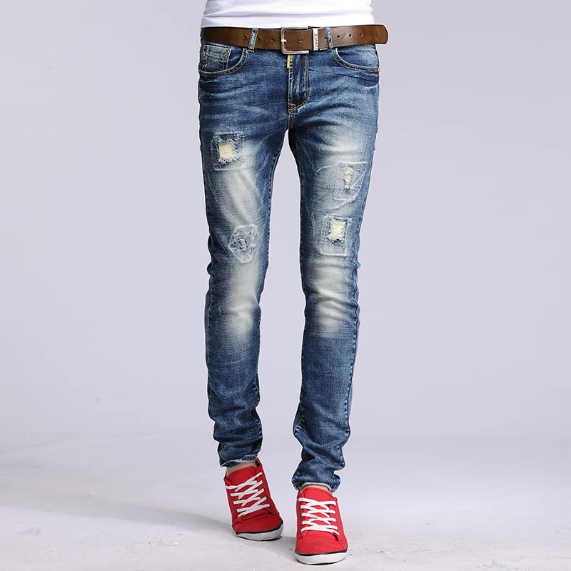 Wholesale retail new brand hole ripped skinny jeans Frayed Men straight slim denim ripped straight Slim