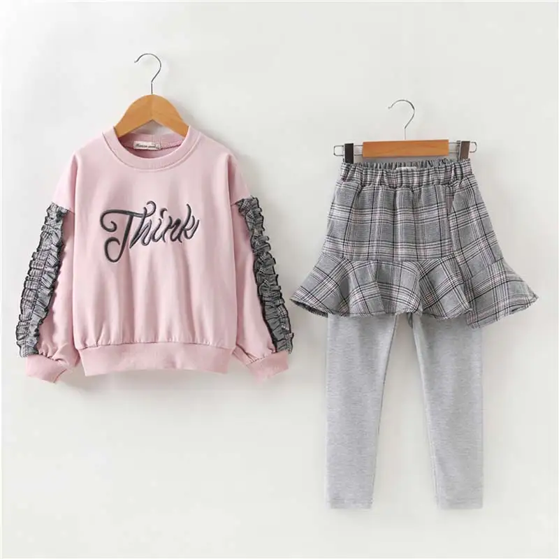 

Girls Sweatshirt+Skirt-pants Fashion Set Kids Girl Letter Printed Hooded Plaid Leggings 2PCs Clothing Suit Children Warm Clothes