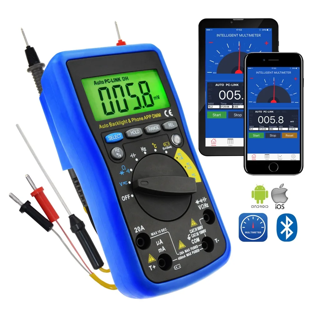Digital DMM Bluetooth Multimeter w/ iOS & Android Mobile App, AC DC voltage, AC DC current, Auto