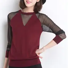 Повседневный женский свитер с круглым вырезом, Сексуальная кружевная органза, вышитая трикотажная Базовая рубашка с длинными рукавами