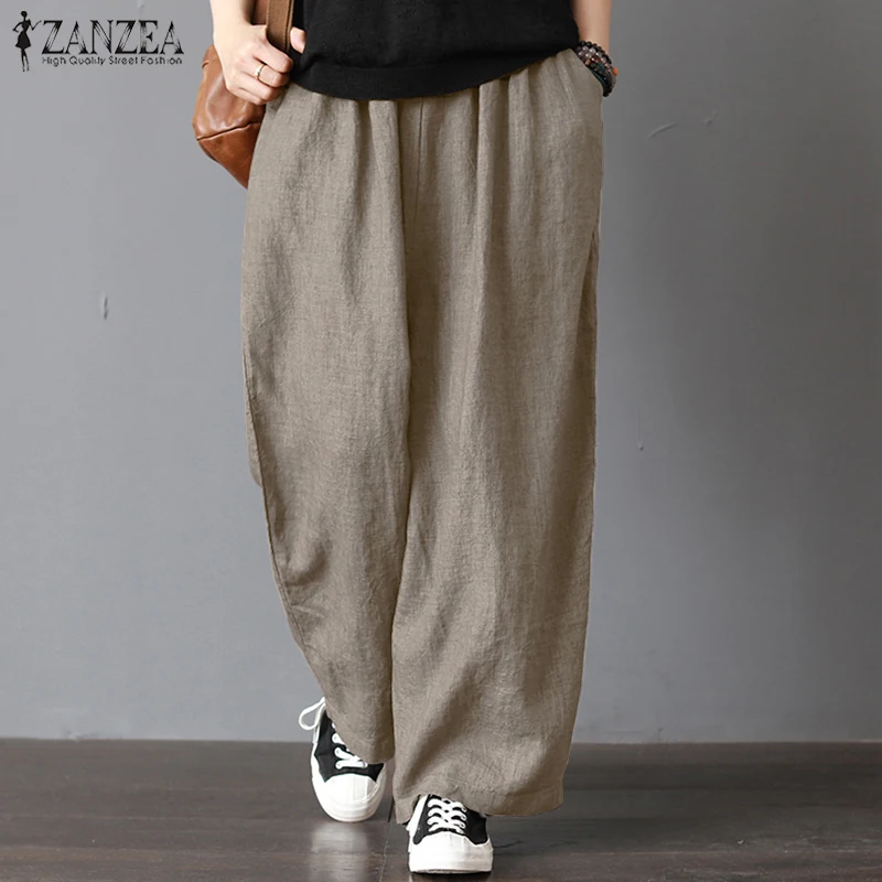 Les umes Womens Loose Linen Cotton Wide Leg Long Pants Plus Size Casual Trousers